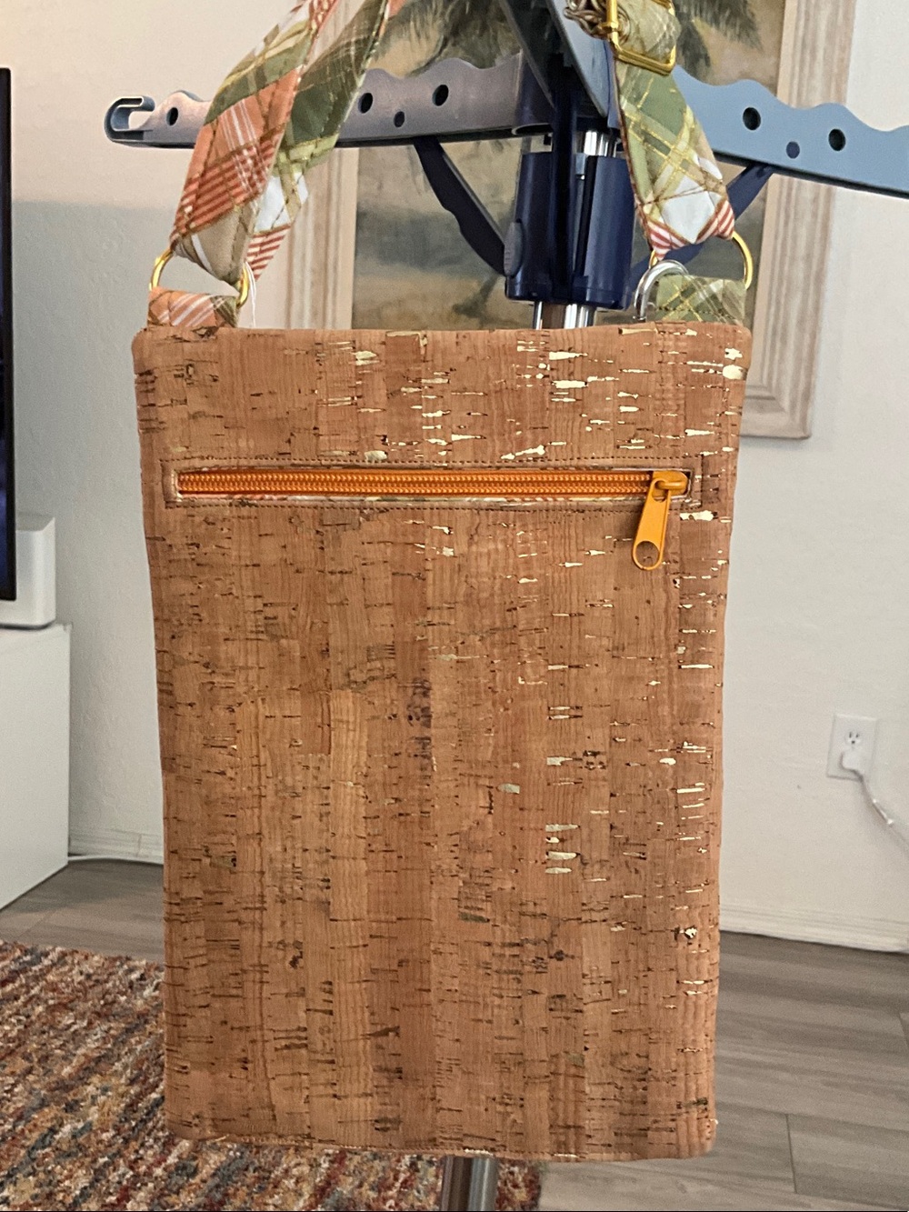 Cork Crossbody Bag with Gold Accents and Floral Strap